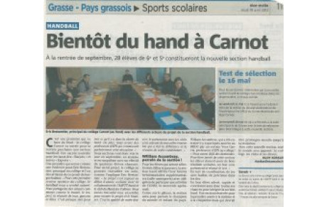 Une classe aménagée &quot;Handball&quot; au Collège Carnot..